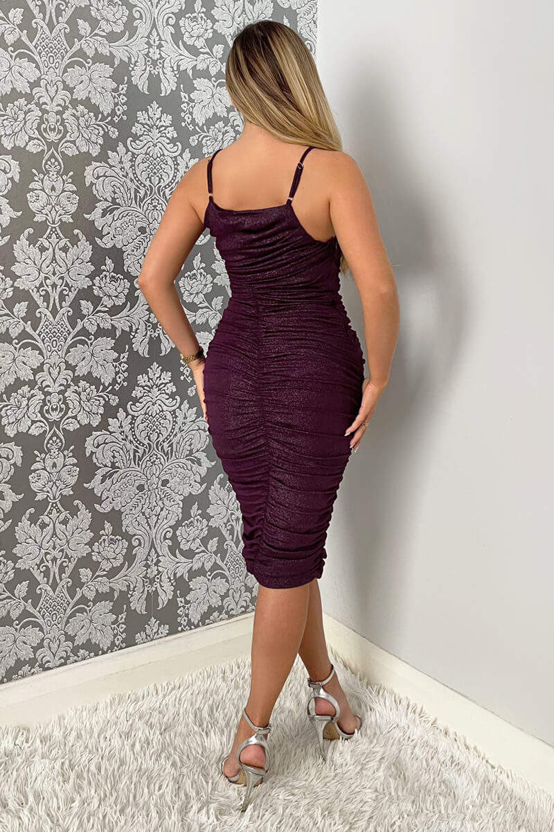 Plum Ruched Bodycon Shimmer Midi Dress