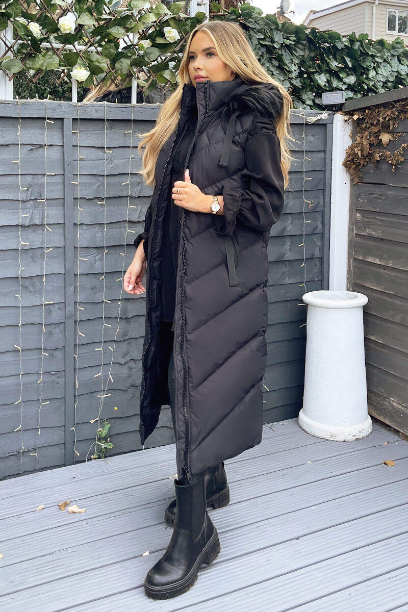 Black Longline Faux Fur Hooded Gilet AX Paris