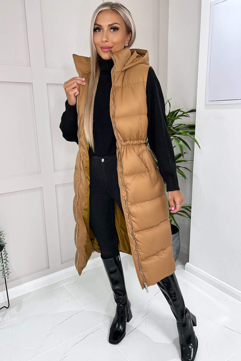 Camel Drawstring Waist Puffer Gilet