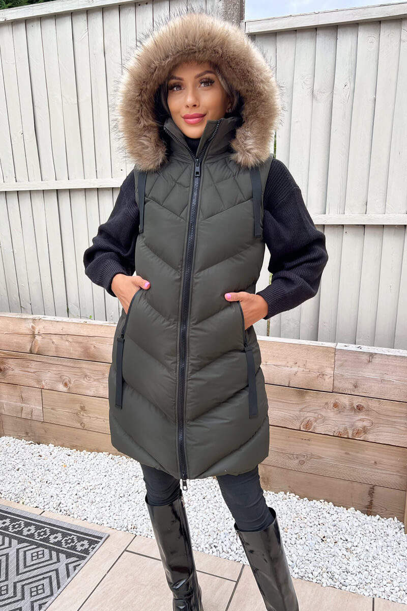 Khaki Faux Fur Hooded Gilet