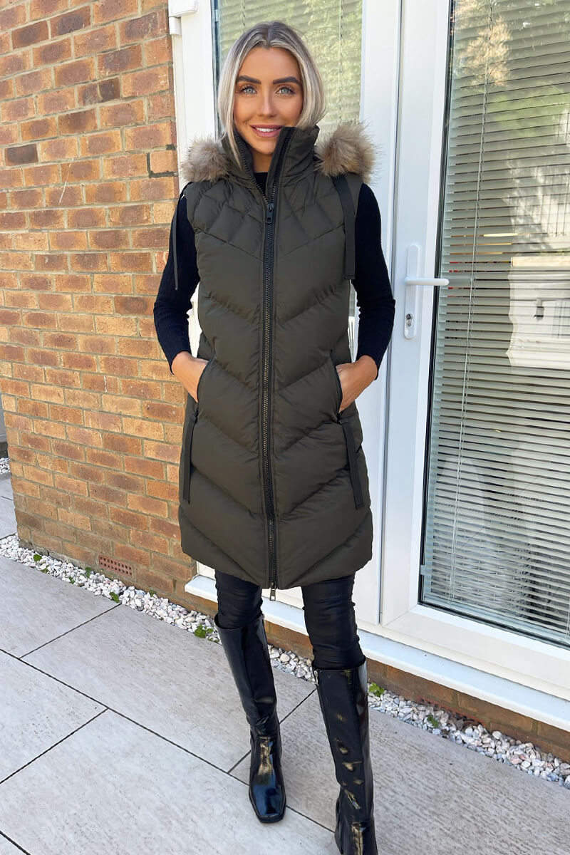 Khaki Faux Fur Hooded Gilet