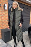 Khaki Longline Faux Fur Hooded Gilet