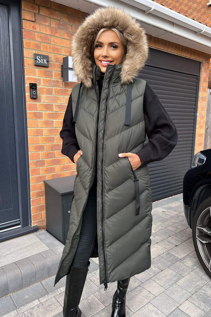 Khaki Longline Faux Fur Hooded Gilet AX Paris