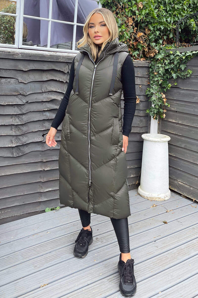 Khaki Hooded Puffer Gilet AX Paris