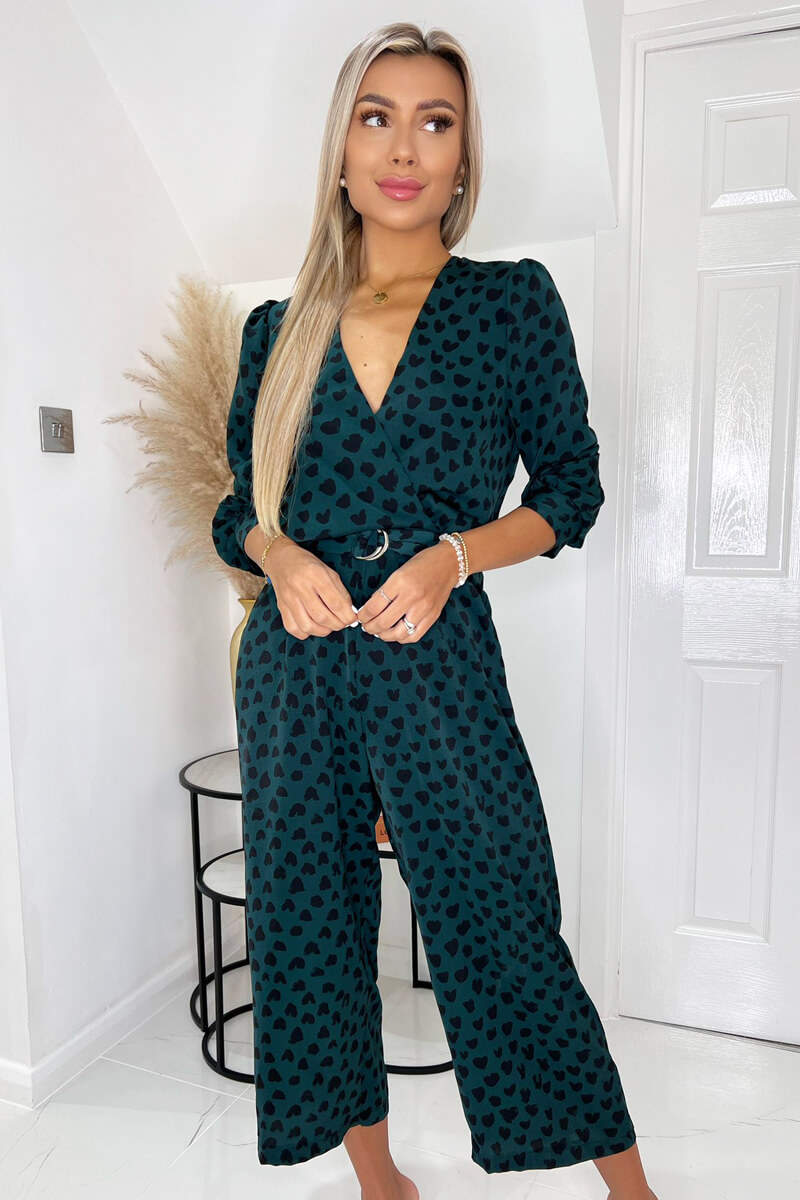 Green And Black Heart Printed Belted 3/4 Sleeve Jumpsuit