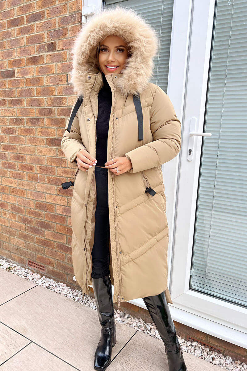 Biscuit Faux Fur Trim Hooded Puffer Coat