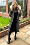 Khaki Faux Fur Trim Hooded Puffer Coat