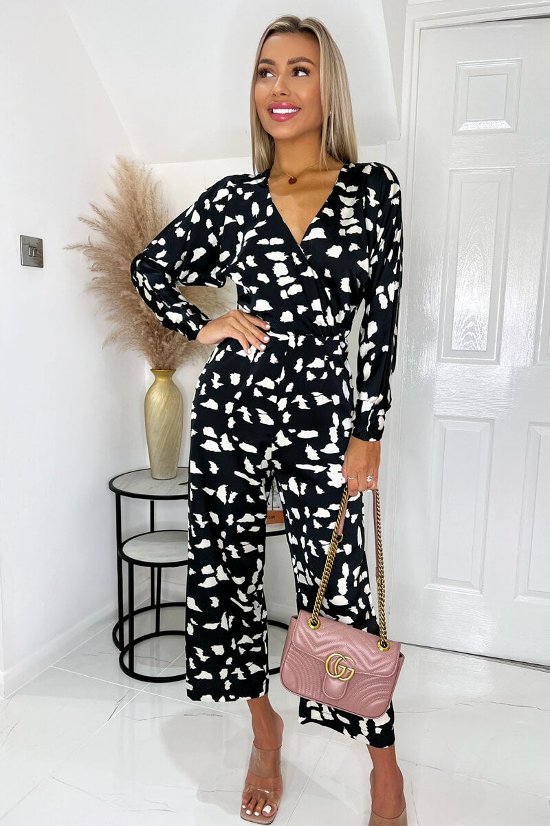 Black And White Printed Bat Wing Wrap Top Jumpsuit