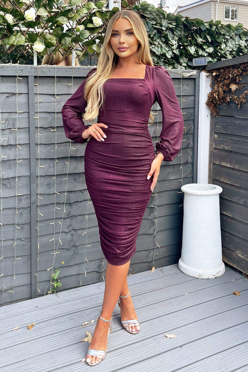 Plum Square Neck Long Sleeve Ruched Shimmer Midi Dress AX Paris