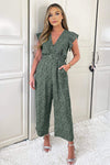 Sage And Black Printed Wrap Front Belted Jumpsuit