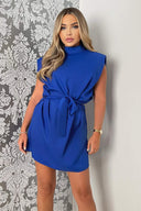 Blue Padded Shoulder Belted Mini Dress