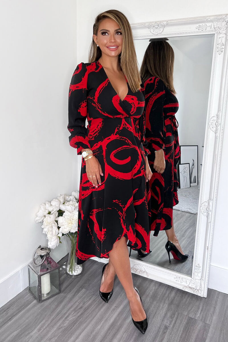 Black and Red Long Sleeve Wrap Midi Dress