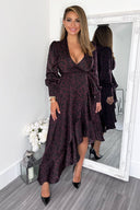 Plum Animal Print Long Sleeve Wrap Over Frill Hem Midi Dress