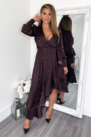 Plum Animal Print Long Sleeve Wrap Over Frill Hem Midi Dress