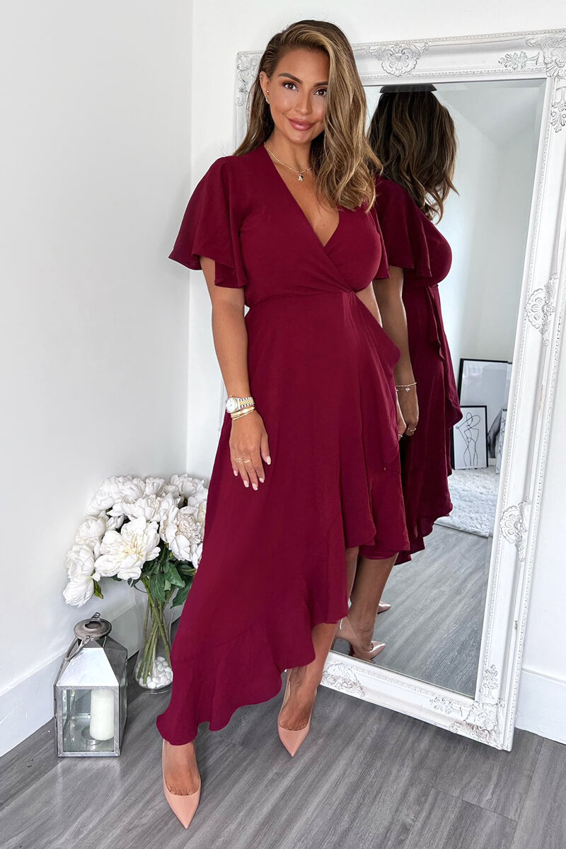 Plum Wrap Over Top Frill Hem Midi Dress