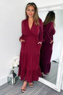 Wine Long Sleeve Wrap Top Smock Midi Dress