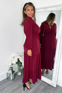 Wine Long Sleeve Wrap Top Smock Midi Dress