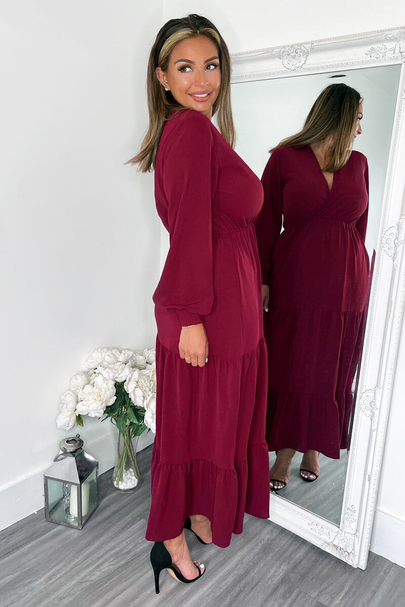 Wine Long Sleeve Wrap Top Smock Midi Dress