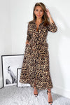 Brown Animal Print Tie Waist Midi Shirt Dress