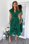 Green Printed Double Frill Split Midi Dress