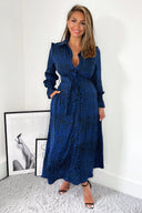 Blue Animal Print Long Sleeve Belted Shirt Dress