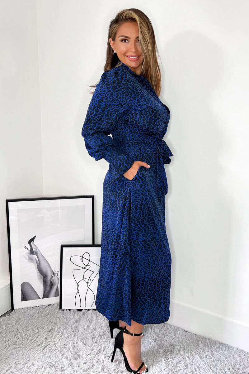 Blue Animal Print Long Sleeve Belted Shirt Dress