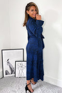 Blue Animal Print Long Sleeve Belted Shirt Dress