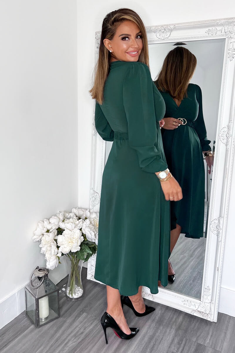 Teal Long Sleeve Belted Midi Dress