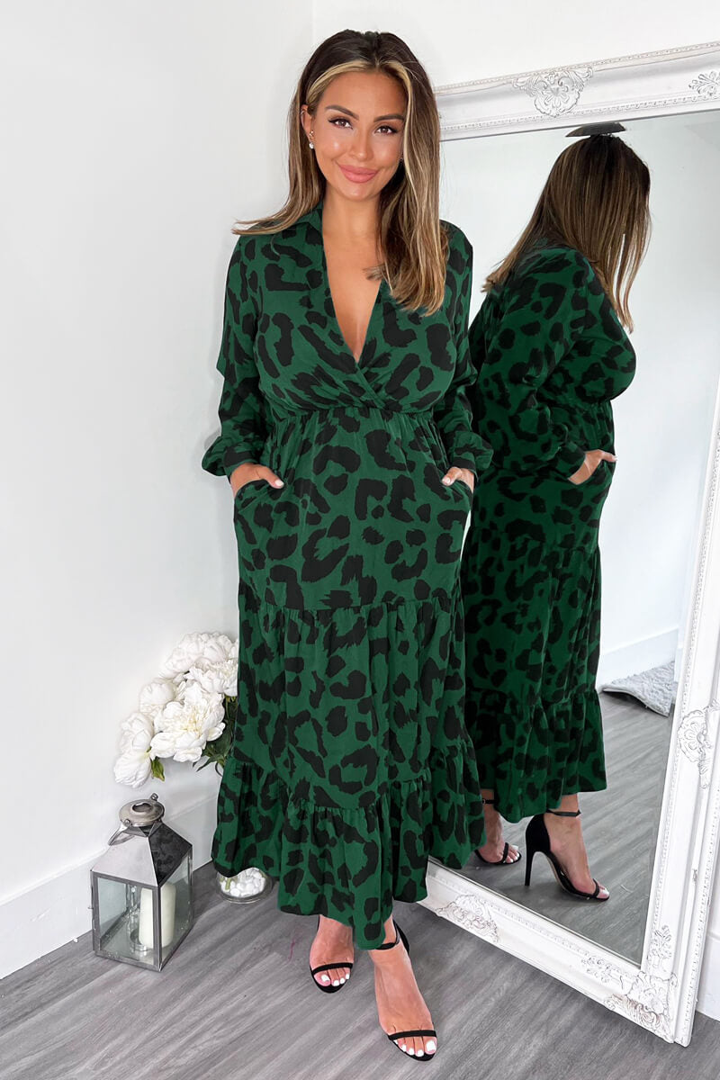 Green Leopard Print Long Sleeve Smock Midi Dress – AX Paris