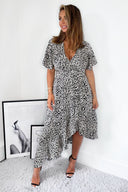 Black And White Printed Frill Hem Short Sleeve Midi Dress