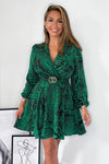 Green Printed Wrap Over Belted Long Sleeve Skater Dress