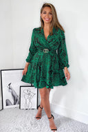 Green Printed Wrap Over Belted Long Sleeve Skater Dress