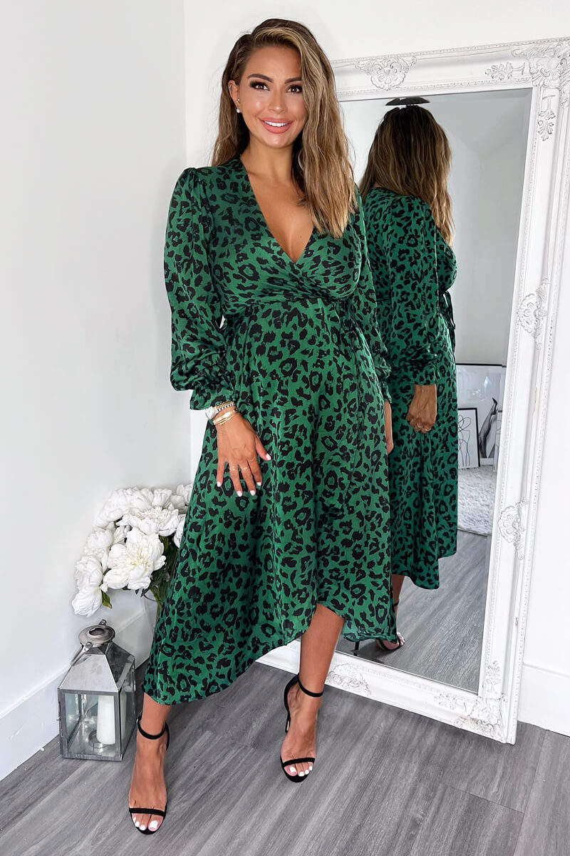 Green And Black Animal Printed Wrap Over Midi Dress AX Paris