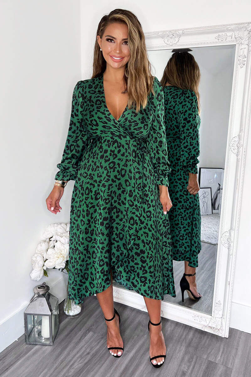 Green And Black Animal Printed Wrap Over Midi Dress