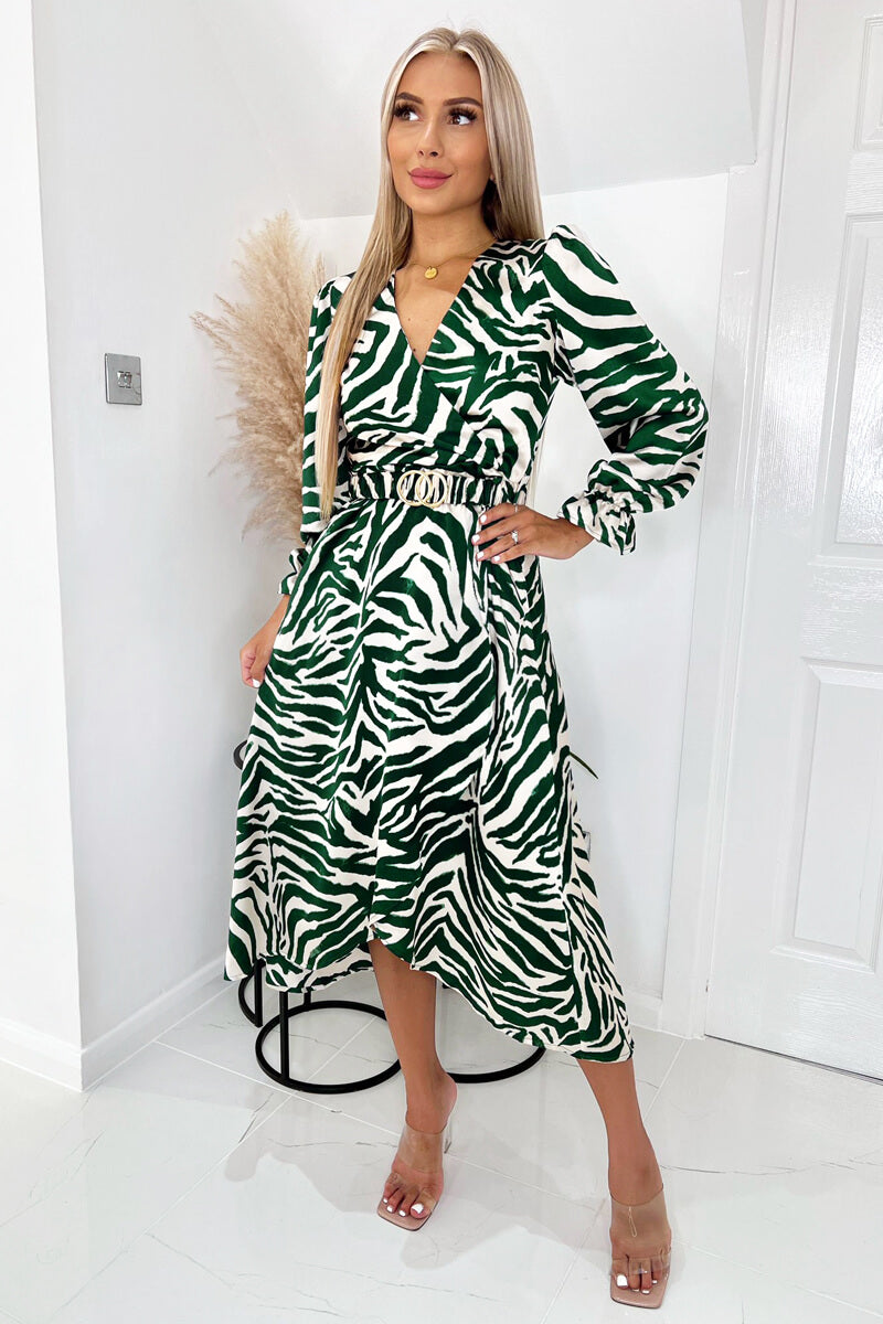 Green Animal Printed Belted Midi Dress