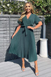 Teal Belted Pleated Skirt Midi Dress