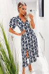 Stone And Navy Printed Short Puff Sleeve V Neck Midi Dress