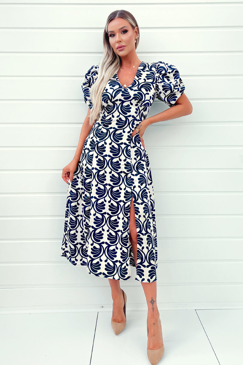 Stone And Navy Printed Short Puff Sleeve V Neck Midi Dress