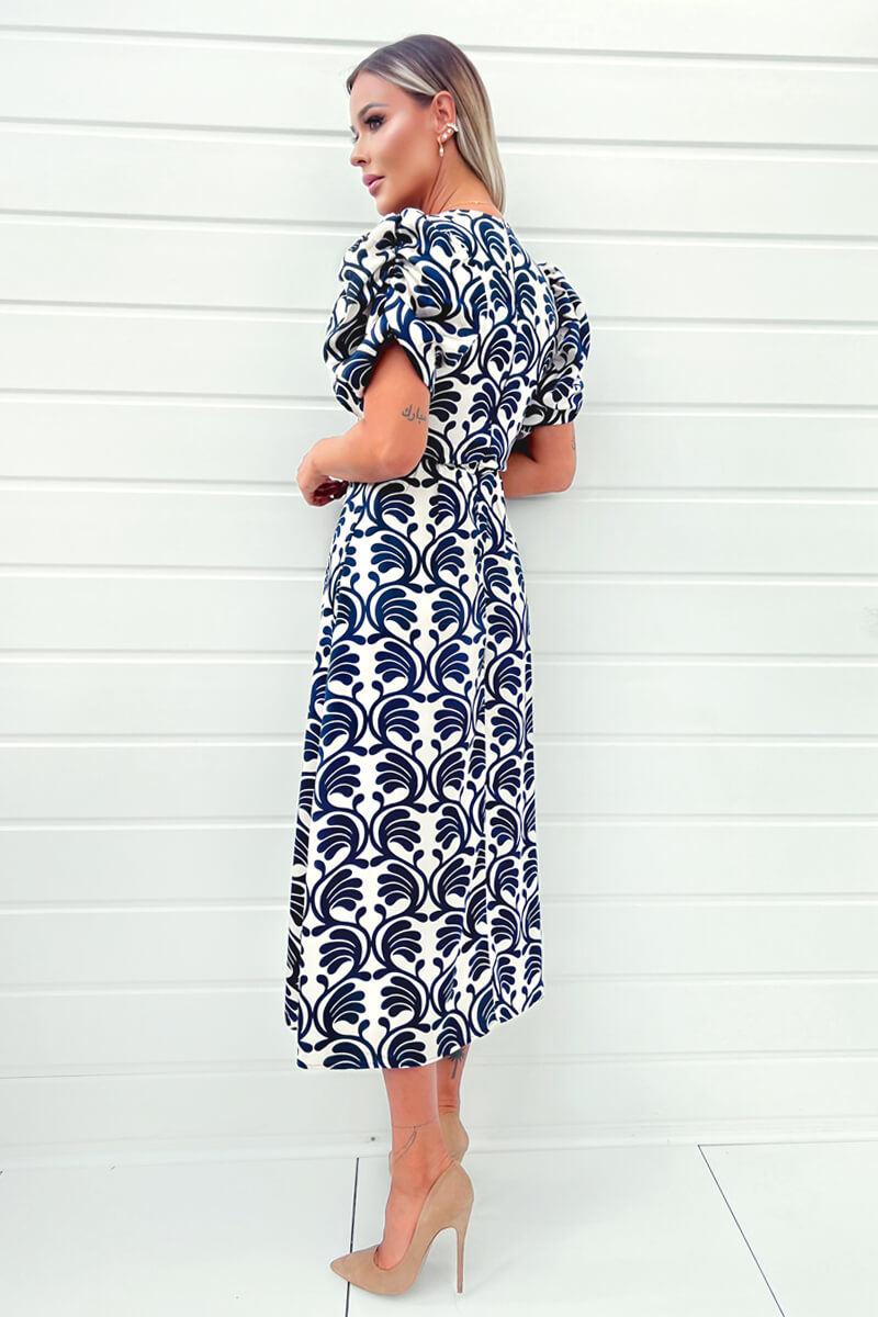 Stone And Navy Printed Short Puff Sleeve V Neck Midi Dress