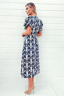 Stone And Navy Printed Short Puff Sleeve V Neck Midi Dress