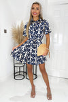 Stone And Navy Printed Short Sleeve Belted Skater Dress