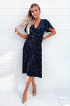 Navy Polka Dot Wrap Top Belted Pleated Midi Dress