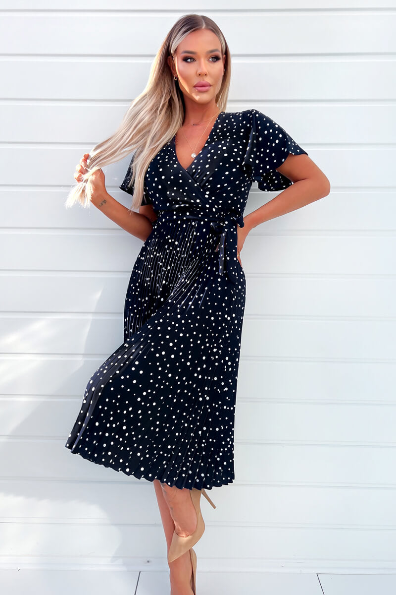 Navy Polka Dot Wrap Top Belted Pleated Midi Dress AX Paris