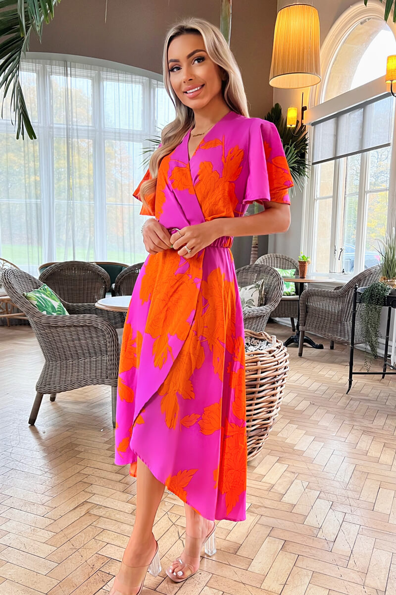 Pink And Orange Floral Print Belted Wrap Midi Dress – AX Paris