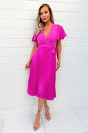 Hot Pink Pleated Midi Dress with Tie Waist