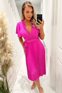 Hot Pink Pleated Midi Dress with Tie Waist