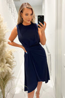 Navy Gathered Midi Dress With Shoulder Pads