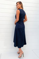 Navy Gathered Midi Dress With Shoulder Pads