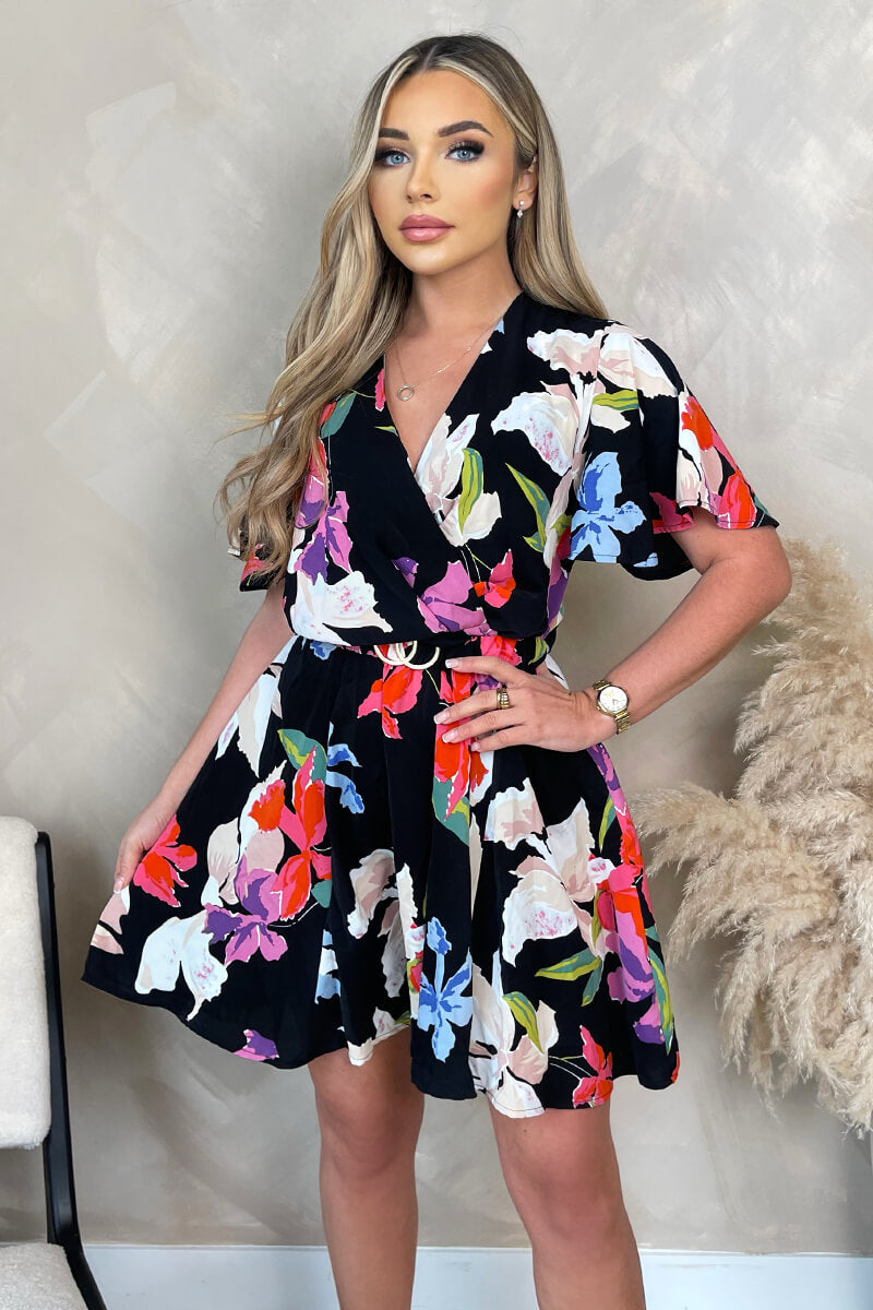 Multi Floral Printed Wrap Over Belted Skater Dress