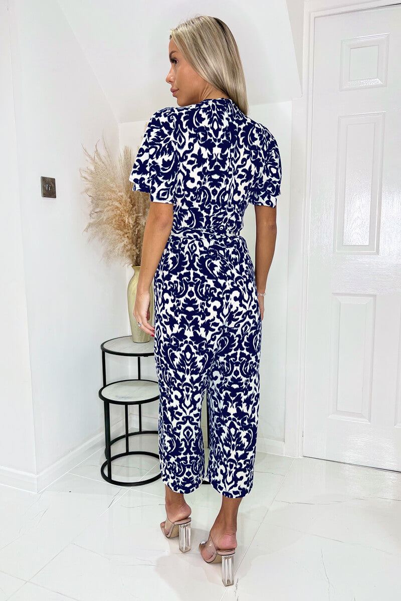 Navy and Cream Printed Wrap Top Short Sleeve Belted Jumpsuit AX Paris